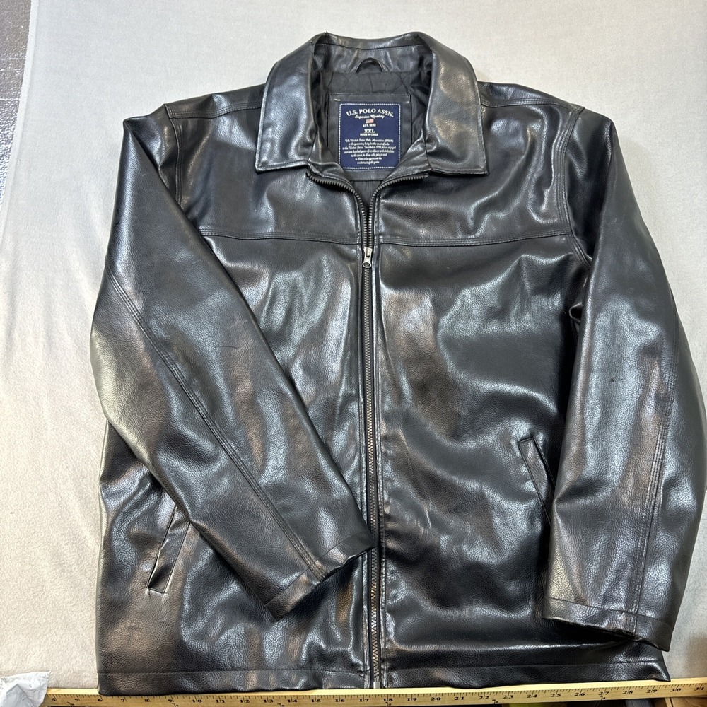 U.S. Polo Jacket Men's XXL faux Leather Coat Black Zipper Up Logo, Pockets,